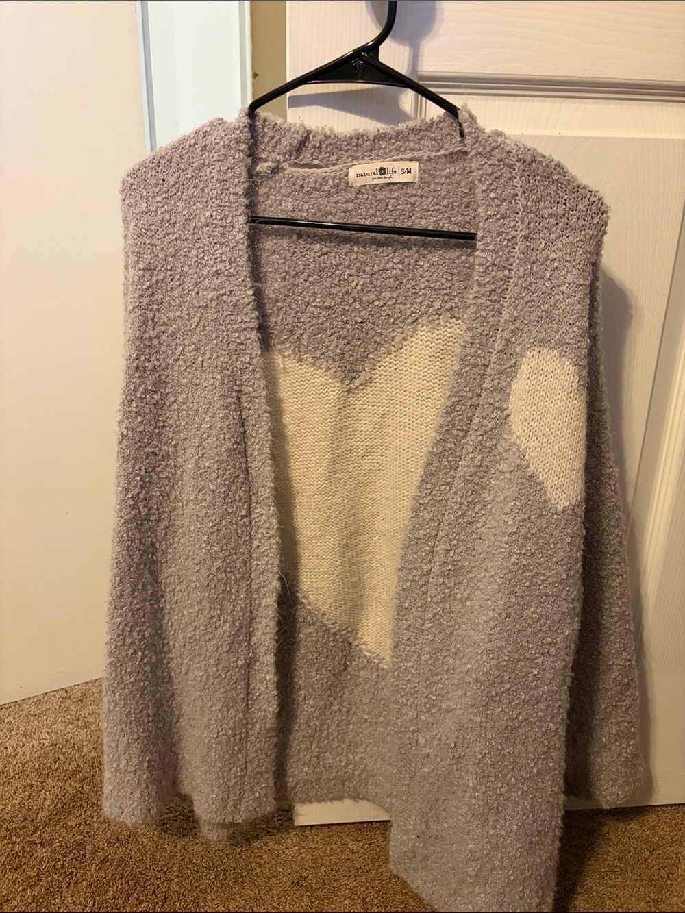 Cozy Heart Open-Front Sweater Cardigan - Light Lavender & Cream